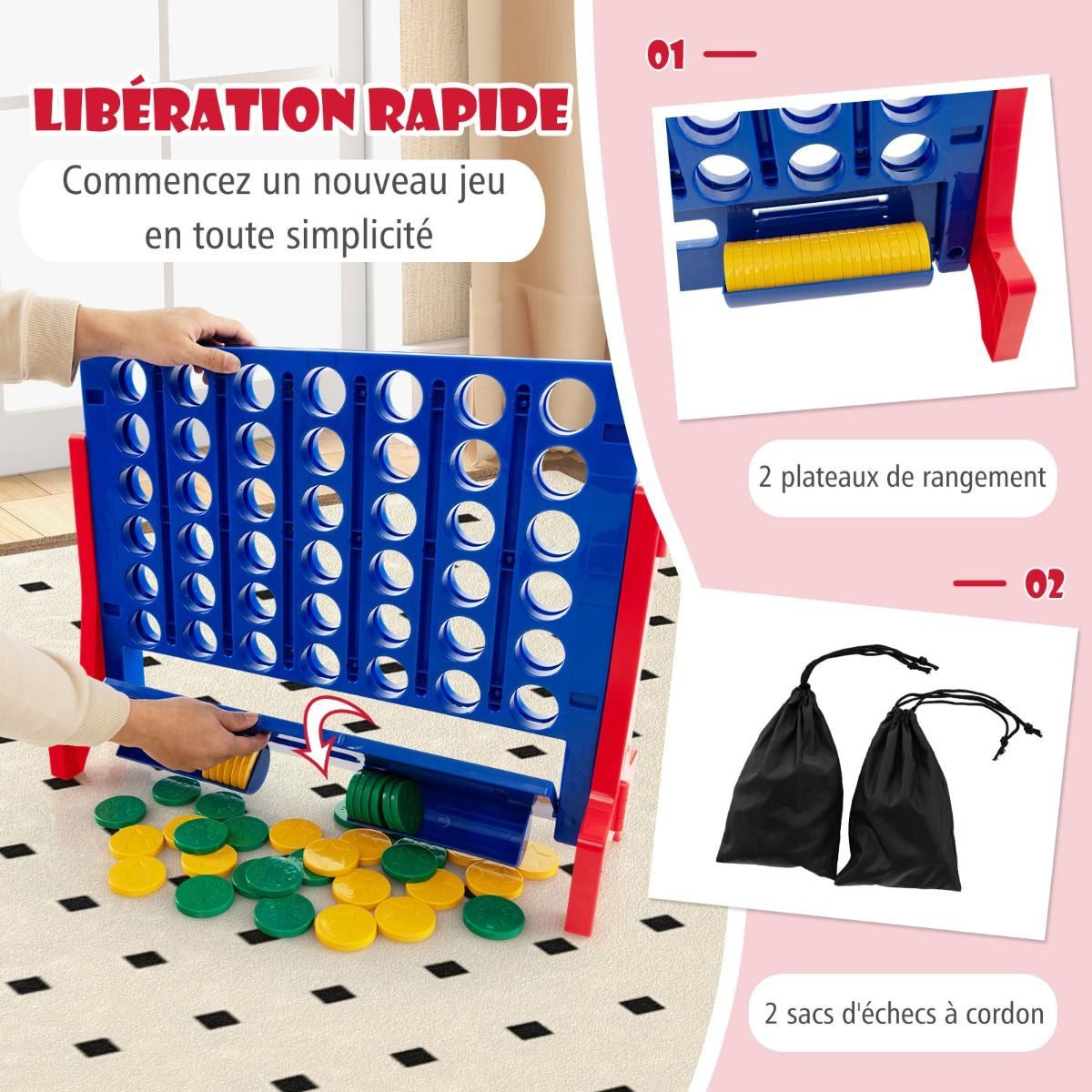 Jeux Puissance 4 Géant Mural Avec 42 Jetons Jeu De Société Ludique & Éducatif Avec 2 Plateaux Utilisation 62X20X48,5Cm Bleu/Rouge