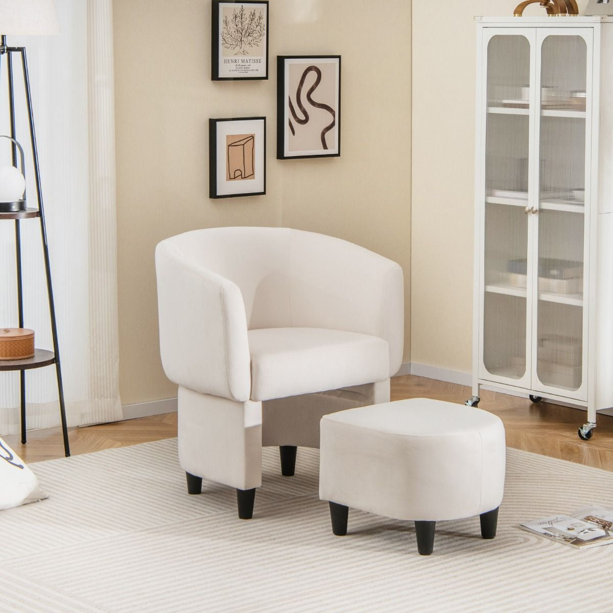 Fauteuil Tonneau Rembourré En Velours Avec Repose-Pieds Fauteuil D'Appoint Avec Pouf Cadre En Bois Massif Patins Beige/Gris