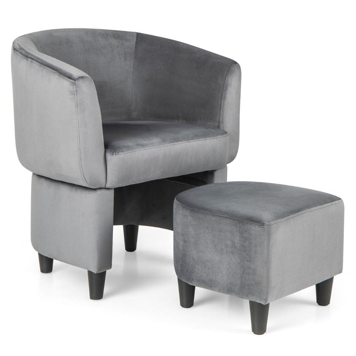 Fauteuil Tonneau Rembourré En Velours Avec Repose-Pieds Fauteuil D'Appoint Avec Pouf Cadre En Bois Massif Patins Beige/Gris