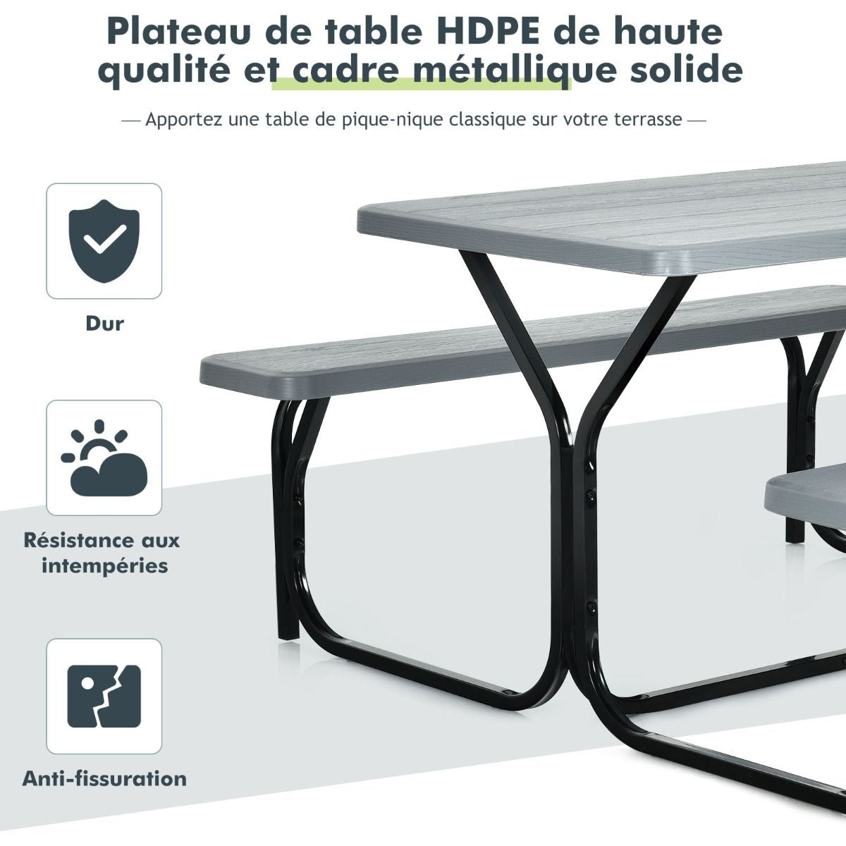 Table De Jardin Avec 2 Banc Table De Pique-Nique/Camping Pour 4 À 6 Personnes 137 X 150 X 71Cm Noir/Gris/Blanc
