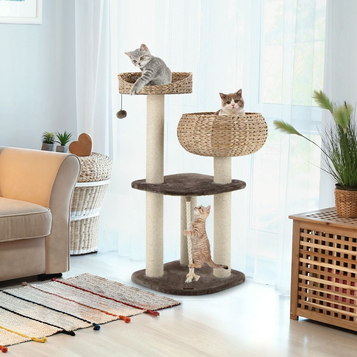 Arbre À Chat 45 X 45 X 104 CM Avec Pompon Suspendu Corde Et Griffoirs Enveloppés De Sisal Naturel Pour Chat/Chaton