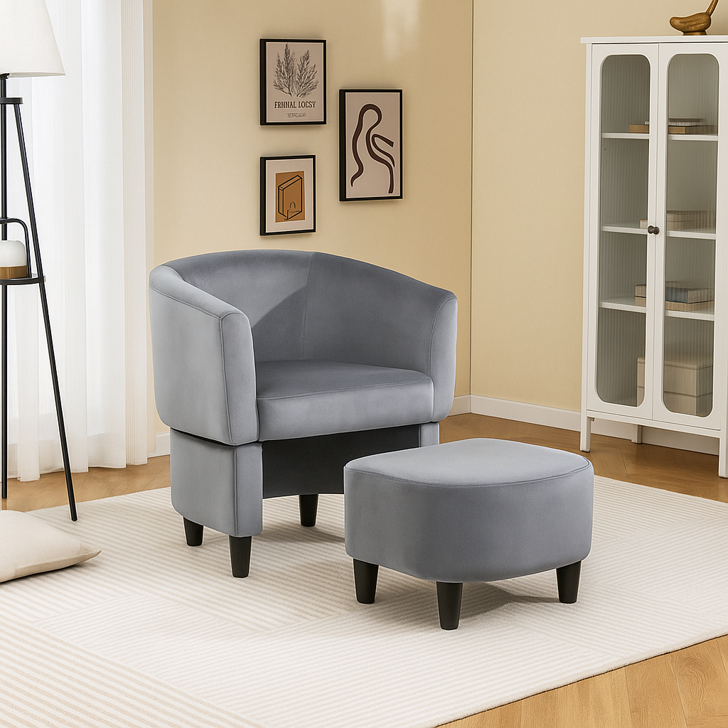 Velvet Barrel – Fauteuil tonneau avec repose-pieds
