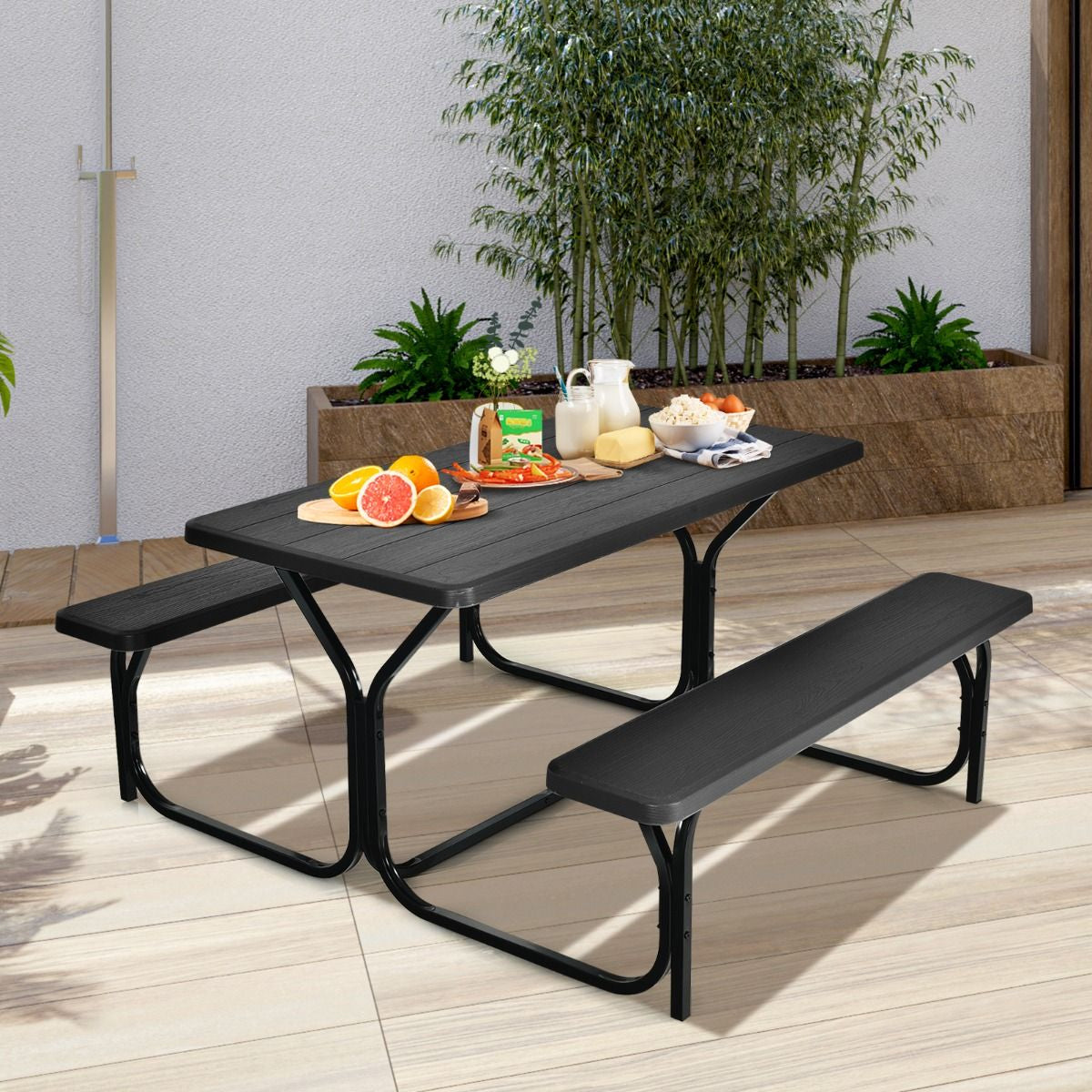 Table De Jardin Avec 2 Banc Table De Pique-Nique/Camping Pour 4 À 6 Personnes 137 X 150 X 71Cm Noir/Gris/Blanc