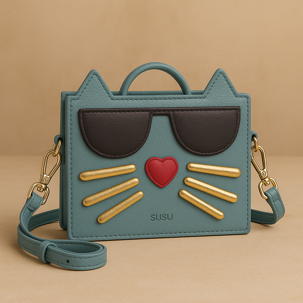 SUSU Leather Cat Purse Crossbody Bag Mineral
