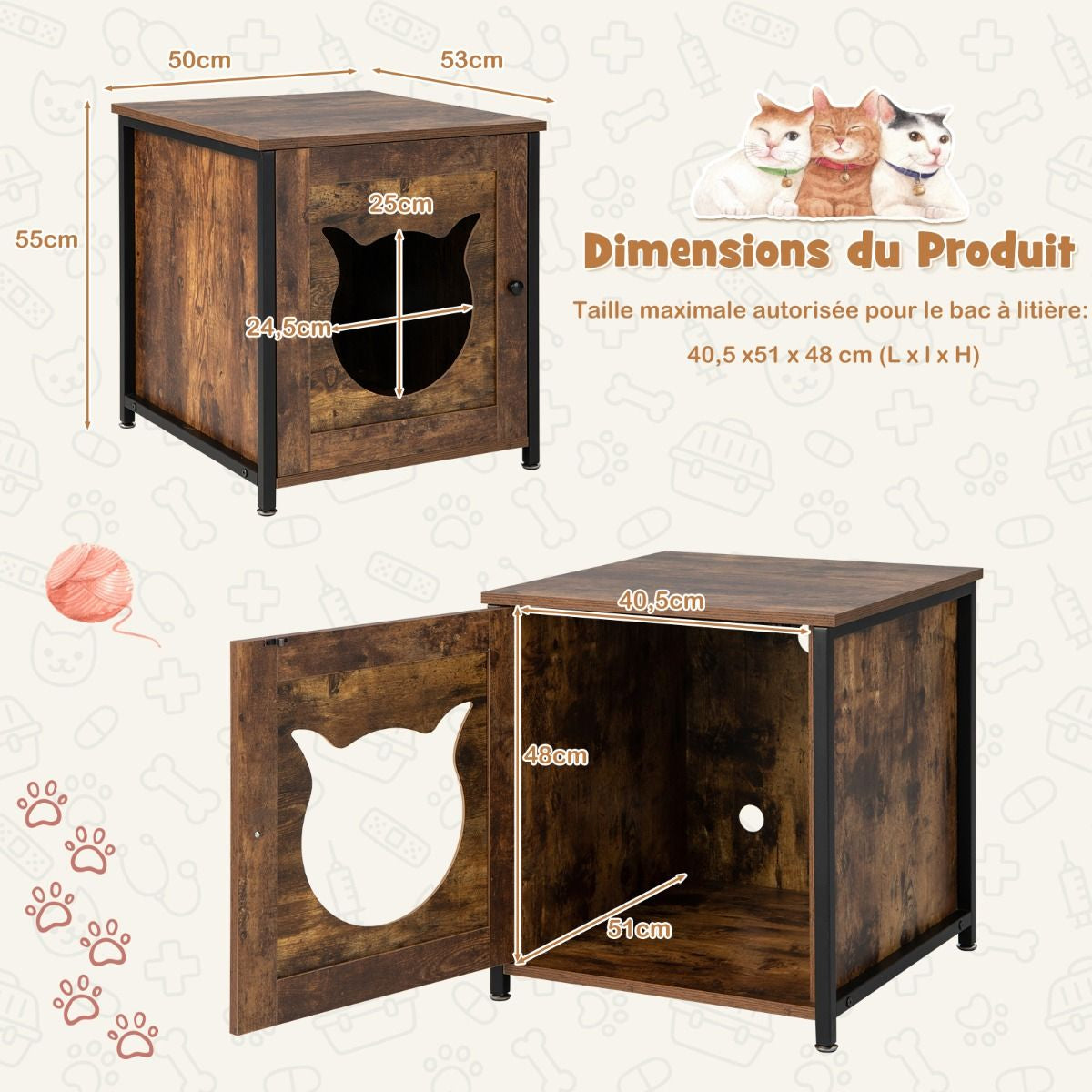 Meuble Litiere Chat Cadre En Métal Antirouille Industriel Maison De Toilette Chat Bonne Respirabilité 50X53X55 Cm