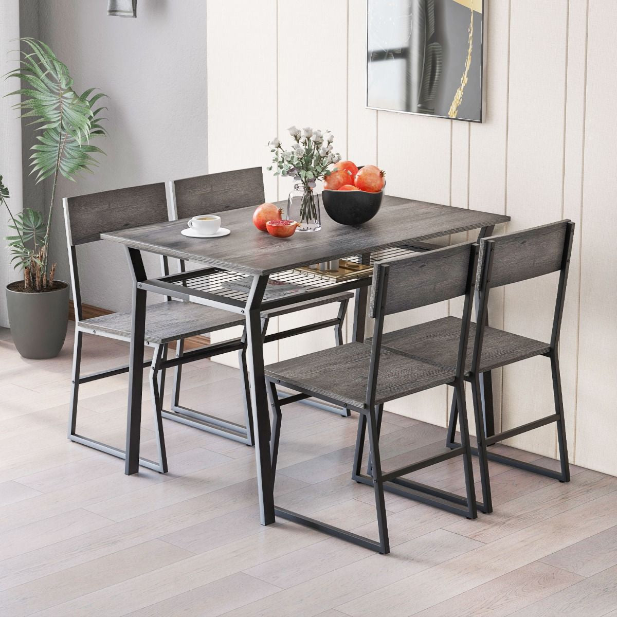Ensemble De Table À Manger 5 Pièces Table De Cuisine Rectangulaire Industrielle Avec 4 Chaises Étagère De Rangement Cadre En Métal Ensemble Marron Rustique/Gris