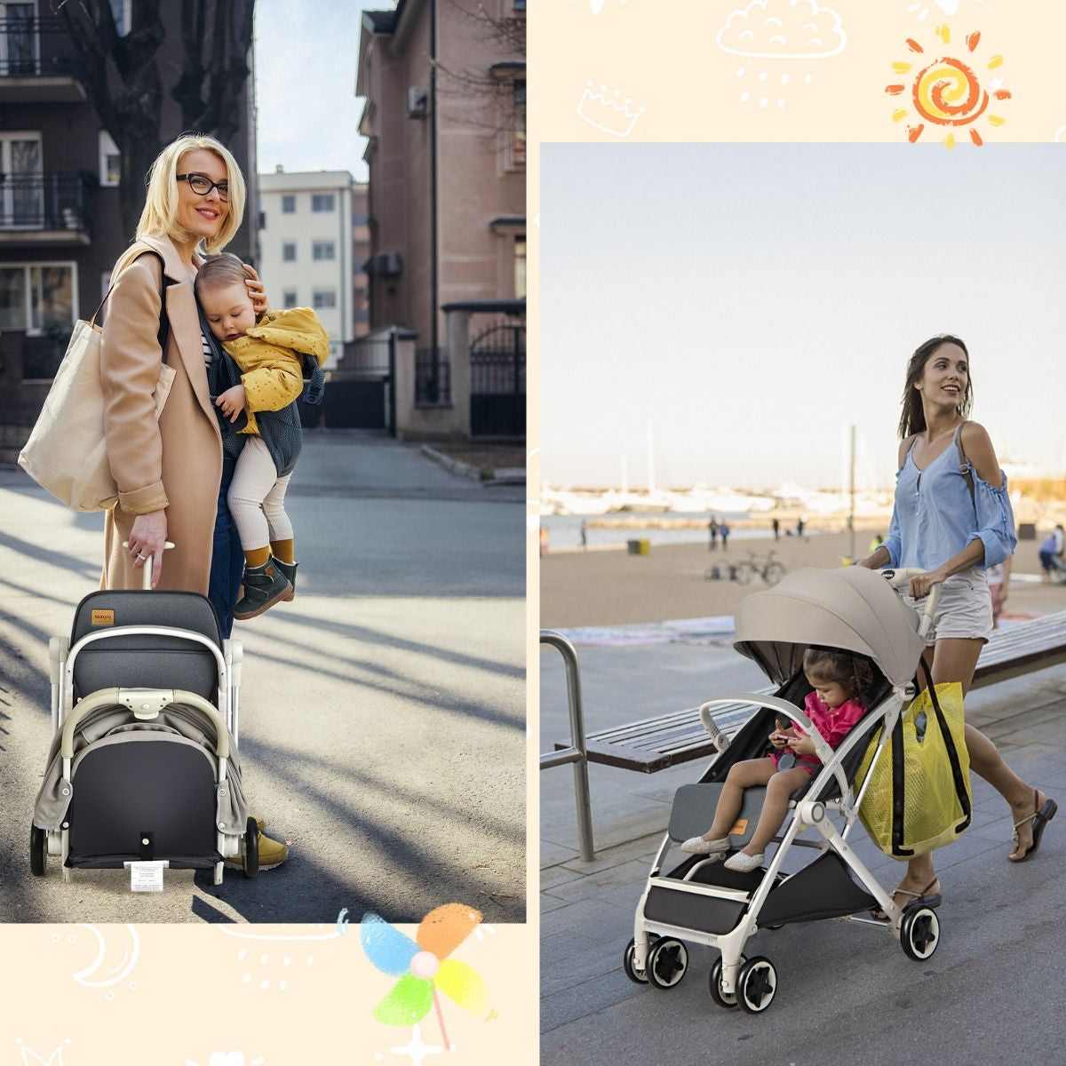 Poussette De Voyage Pour Bébé Avec Pare-Soleil Inclinable Porte-Gobelet Harnais 5 Points Dossier Réglable Chancelière Rangement Inférieur Gris/Noir