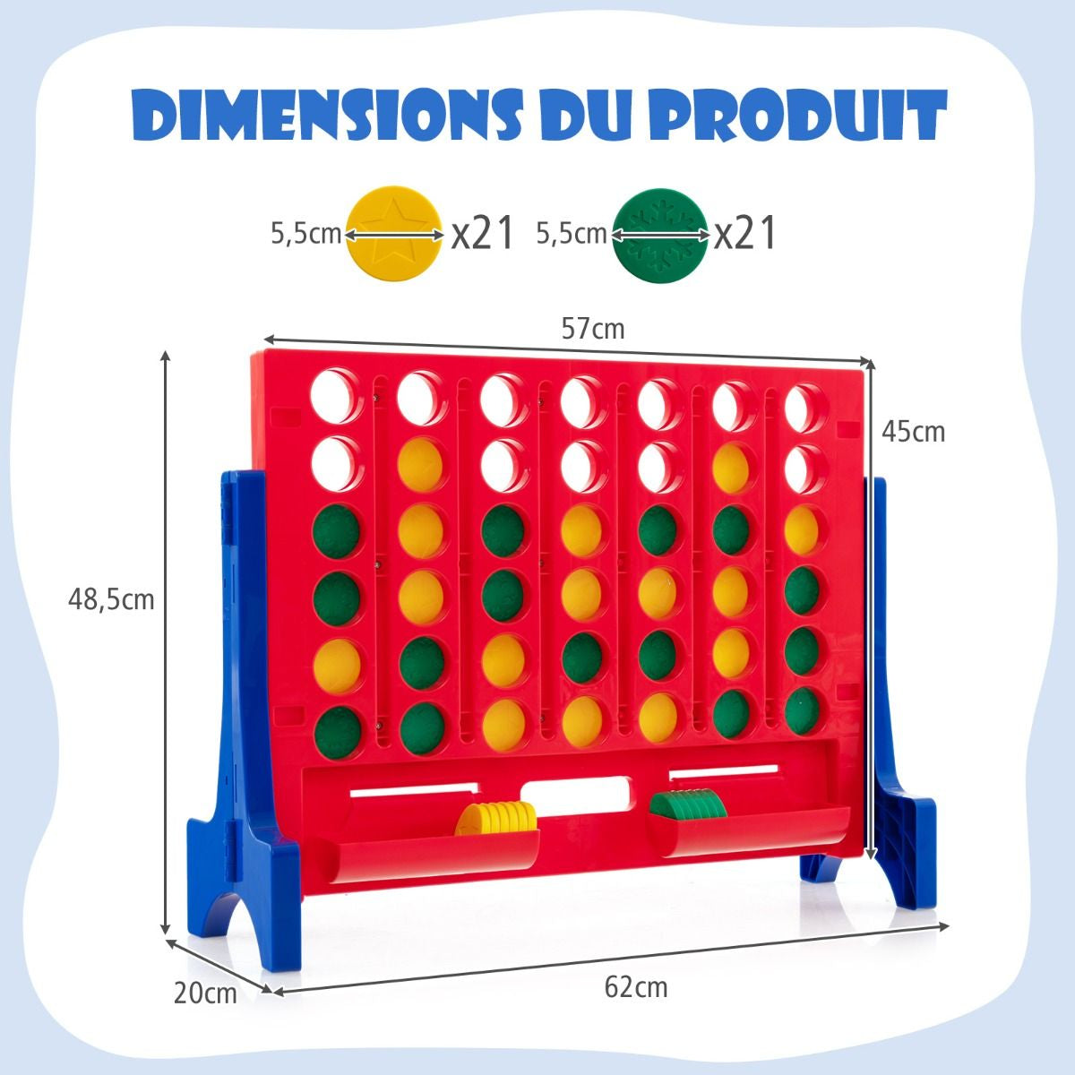 Jeux Puissance 4 Géant Mural Avec 42 Jetons Jeu De Société Ludique & Éducatif Avec 2 Plateaux Utilisation 62X20X48,5Cm Bleu/Rouge