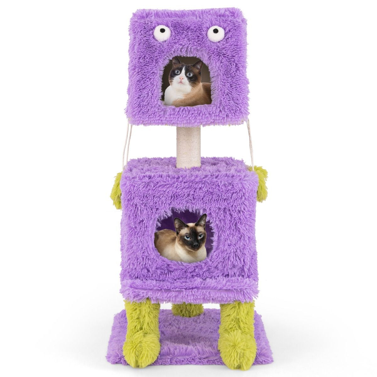 Arbre À Chat Originale Sur Le Thème Des Monstres Avec 2 Condos Privés Peluche Douce Griffoir En Sisal Jouets Suspendus Violet