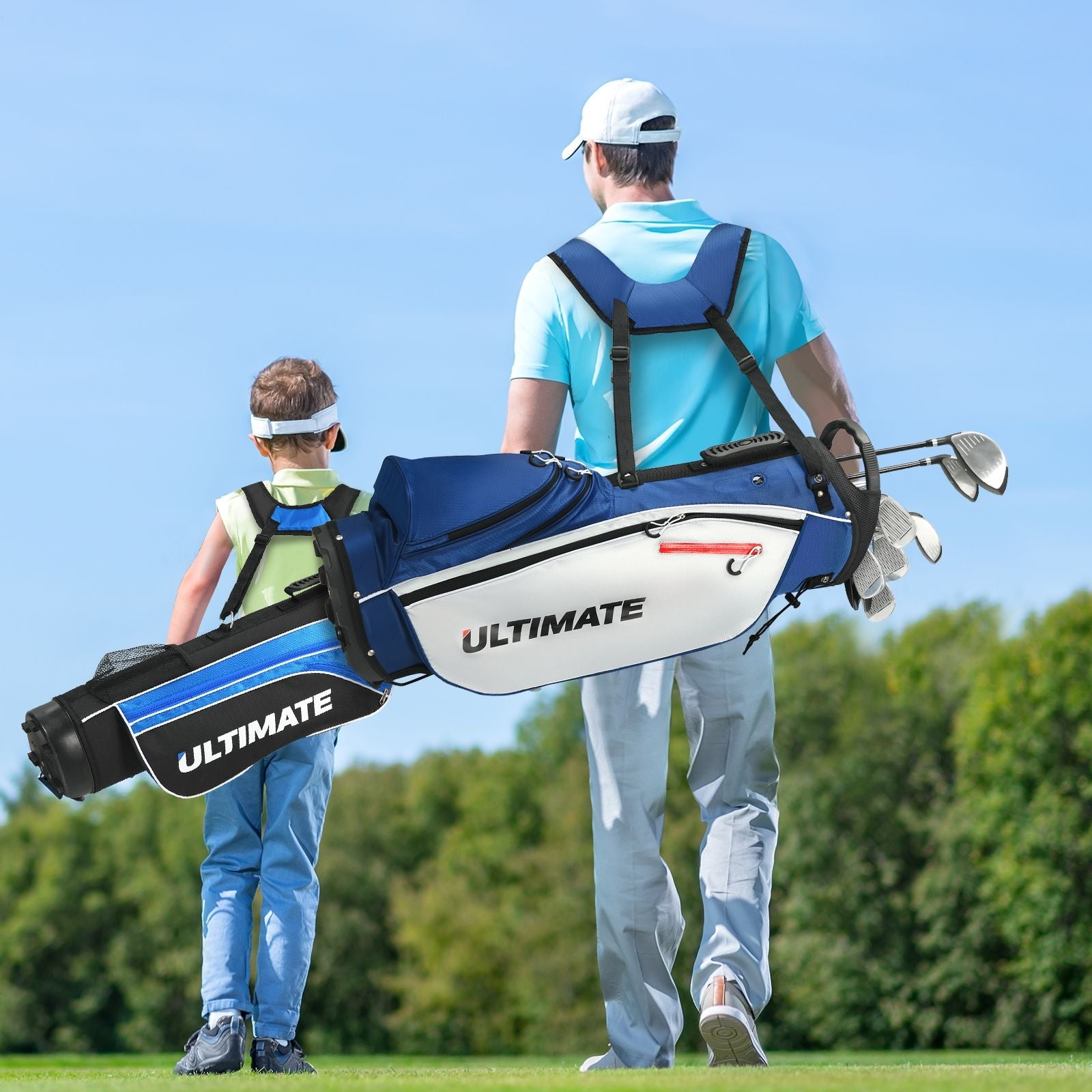 Ensemble De Clubs De Golf 9 Pièces Pour Débutant Avec Sac Trépied Conception Ergonomiqu En Métal Robuste Bleu/Gris/Noir
