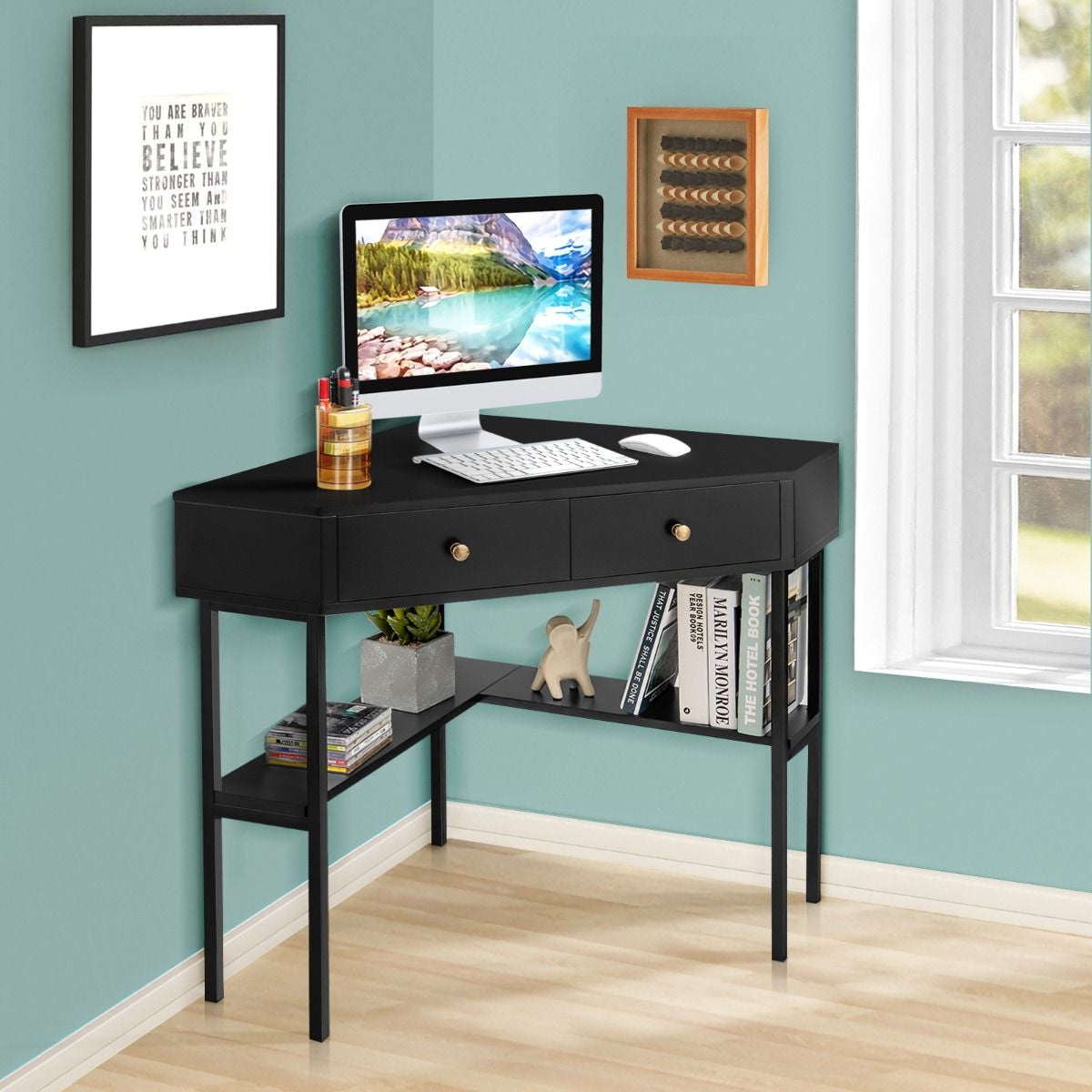 Table Bureau D'Angle Avec 2 Tiroirs Table Imformatique Pour Ordinateur Avec Etagère De Rangement Doré/Noir/Blanc