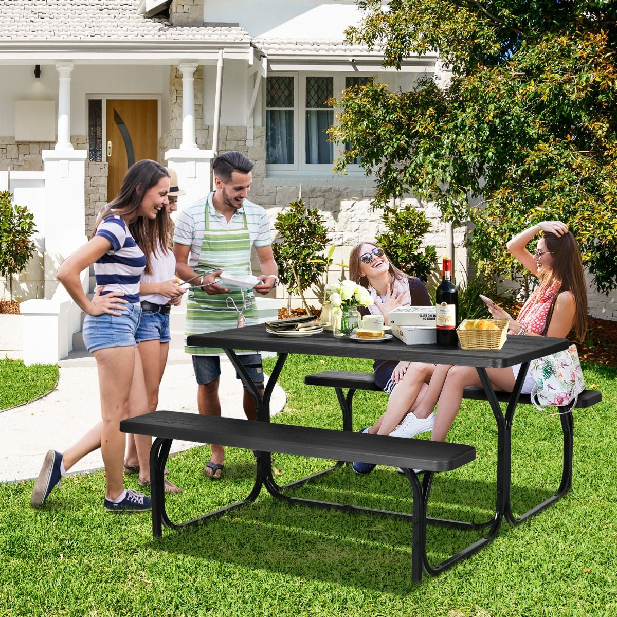 Table De Jardin Avec 2 Banc Table De Pique-Nique/Camping Pour 4 À 6 Personnes 137 X 150 X 71Cm Noir/Gris/Blanc
