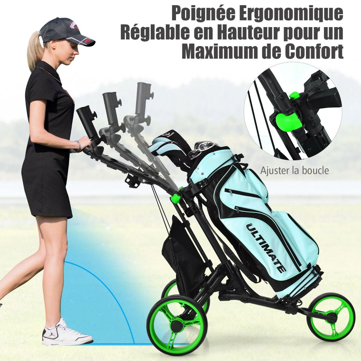 Chariot De Golf Pliable À 3 Roues Sangle Elastique Porte-Parasol Réglable Et Porte-Gobelet Sac Recouvert D'Aluminium Bleu/Gris/Rouge/Vert