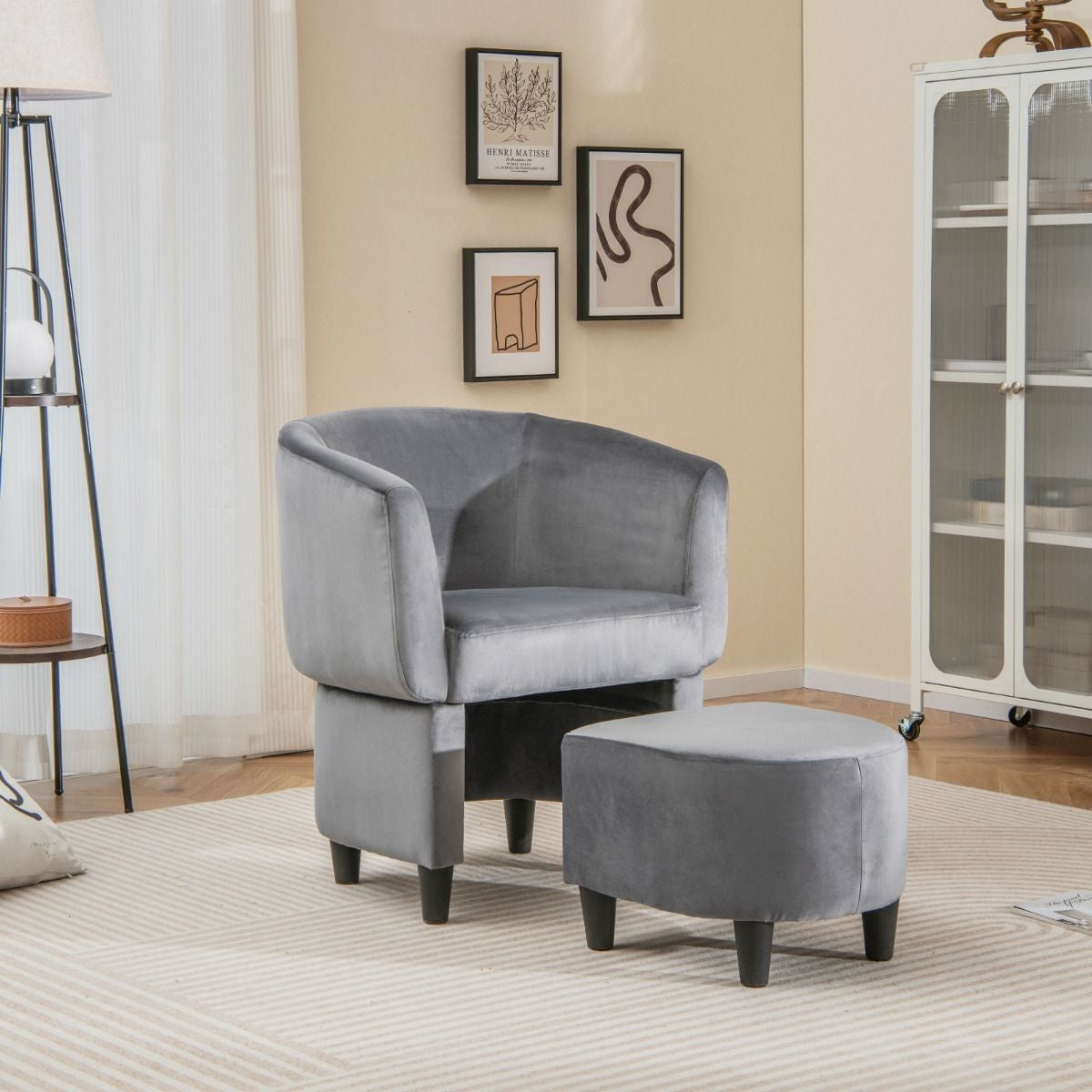 Fauteuil Tonneau Rembourré En Velours Avec Repose-Pieds Fauteuil D'Appoint Avec Pouf Cadre En Bois Massif Patins Beige/Gris