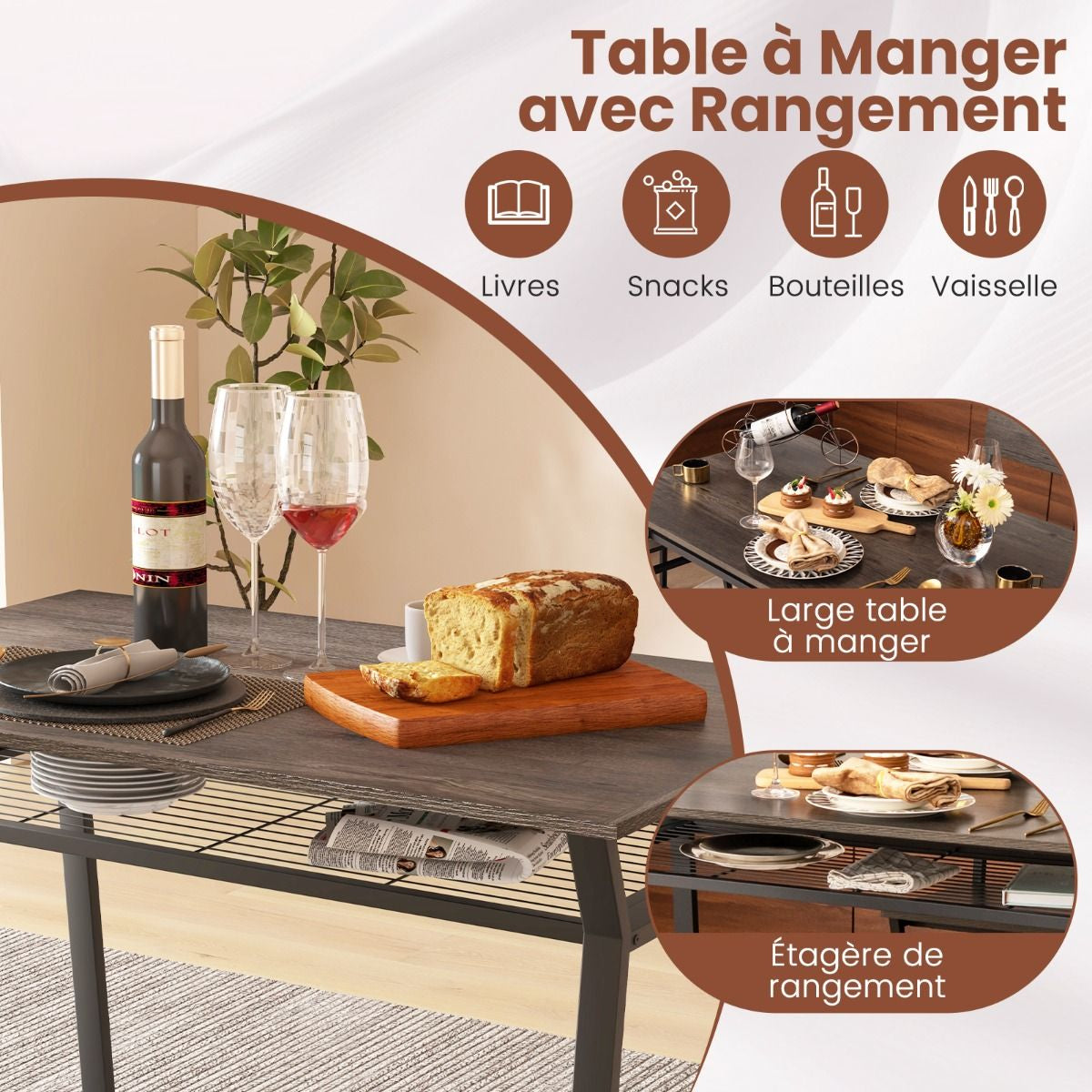 Ensemble De Table À Manger 5 Pièces Table De Cuisine Rectangulaire Industrielle Avec 4 Chaises Étagère De Rangement Cadre En Métal Ensemble Marron Rustique/Gris